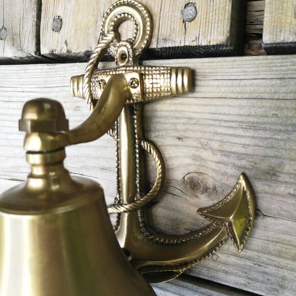 Vintage Brass Ship Boat Bell Anchor Nautical Wall Mount Door Bell Large 7'' - Picture 3 of 8